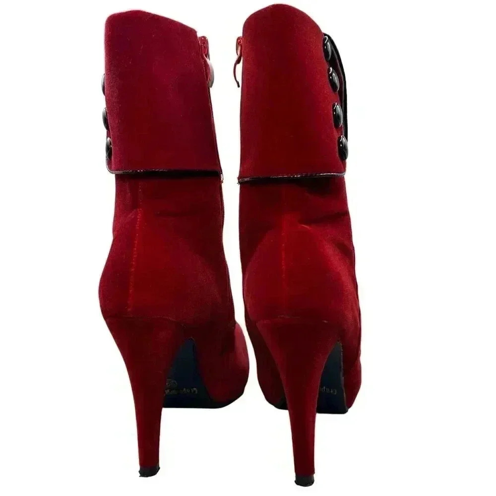 Red Velvet Victorian Inspired Platform Booties Button Accent Stiletto Heel - Picture 6 of 16
